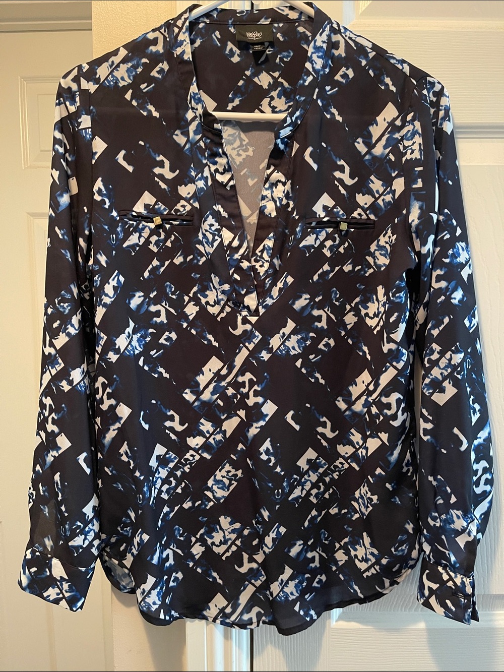 Black White and Blue Abstract Print Blouse
